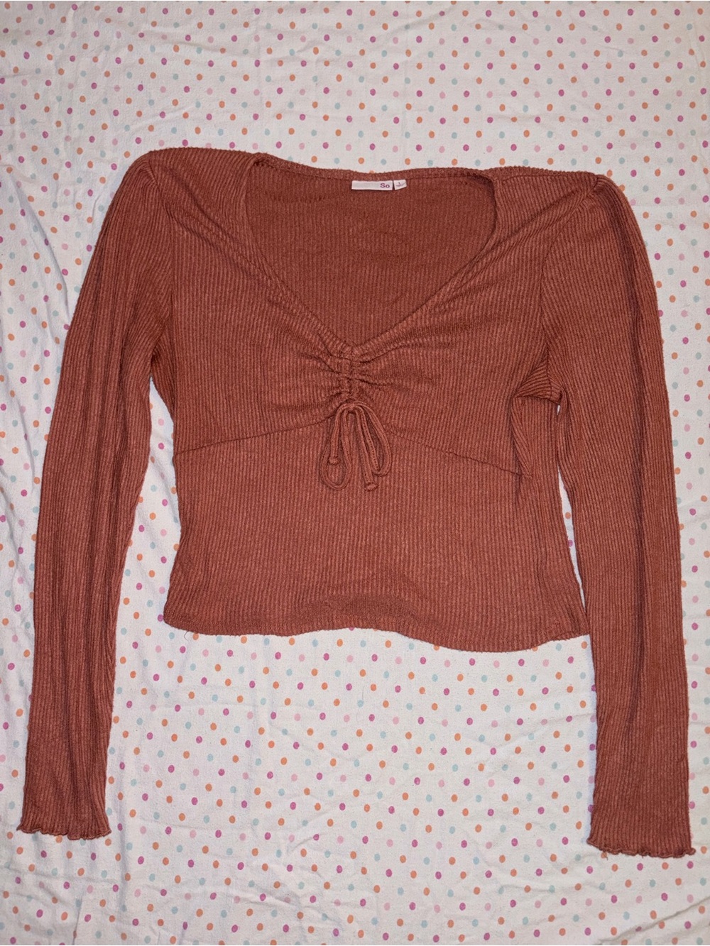 SO Rust Ribbed Ruched Tie Front Crop Top Size Large Long Sleeve Knit Sweater Top